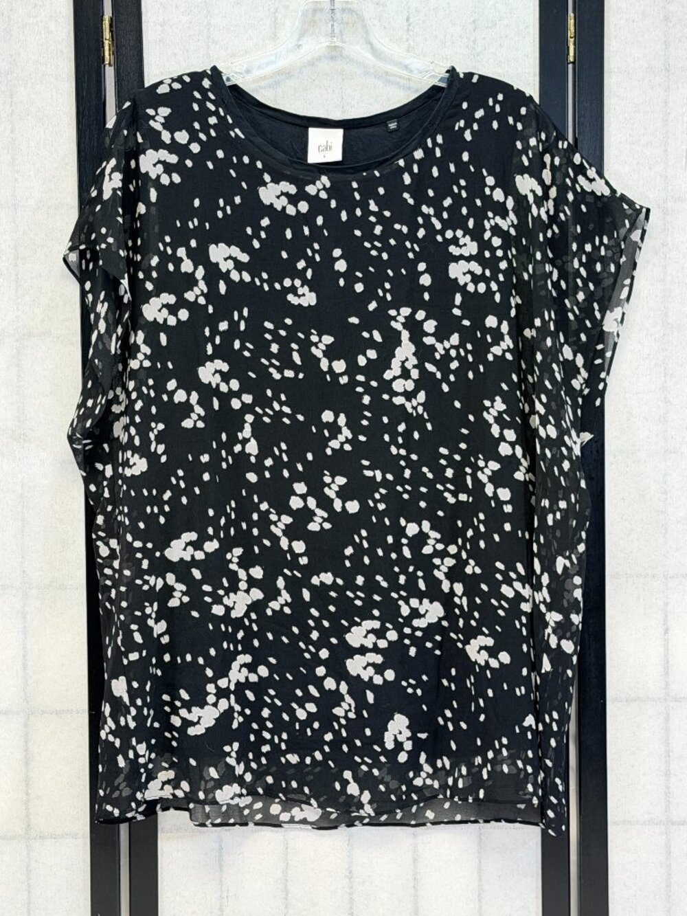 Cabi Sheer Scattered Dot Batwing Sleeve Popover Blouse L Black Layering Top